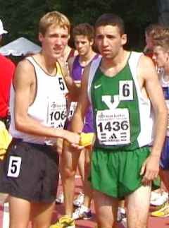 A handshake between Dathan Ritzenhein and Don Sage at Foot Locker Outdoor (track) Nationals in 2000. Photo by John Dye.