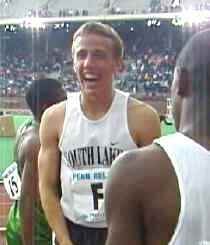 Alan Webb reacts to news of his 3:59.9 split on the 2000 Penn DMR anchor.  Photo John Dye.